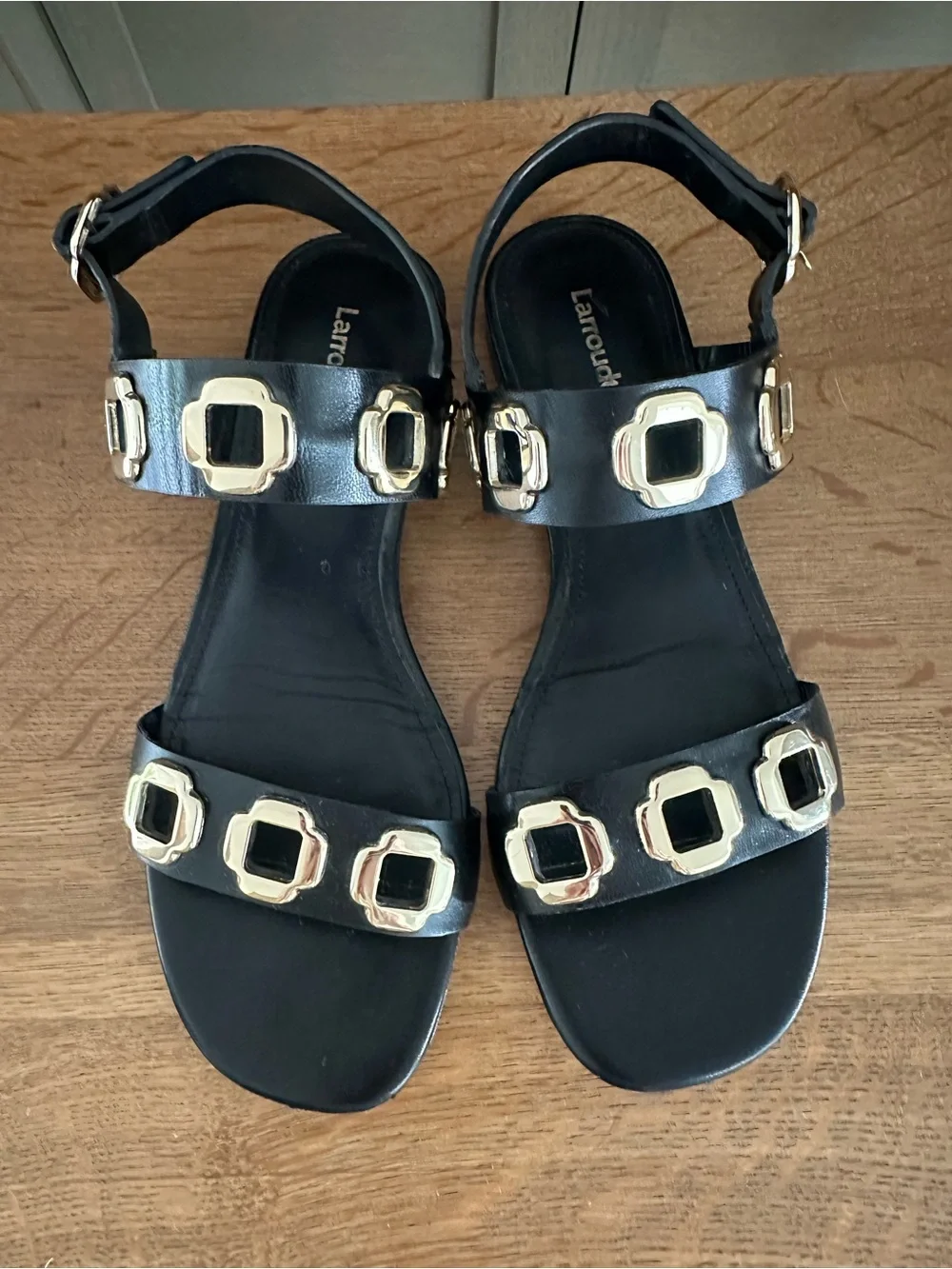 Larroude Milan Black Leather Sandal with Gold Accent, Size 8